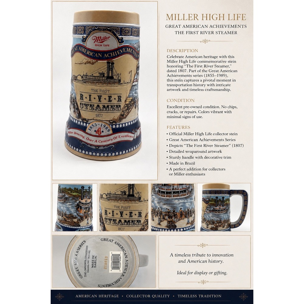 Miller High Life Beer Stein Great American Achievements The First River Steamer